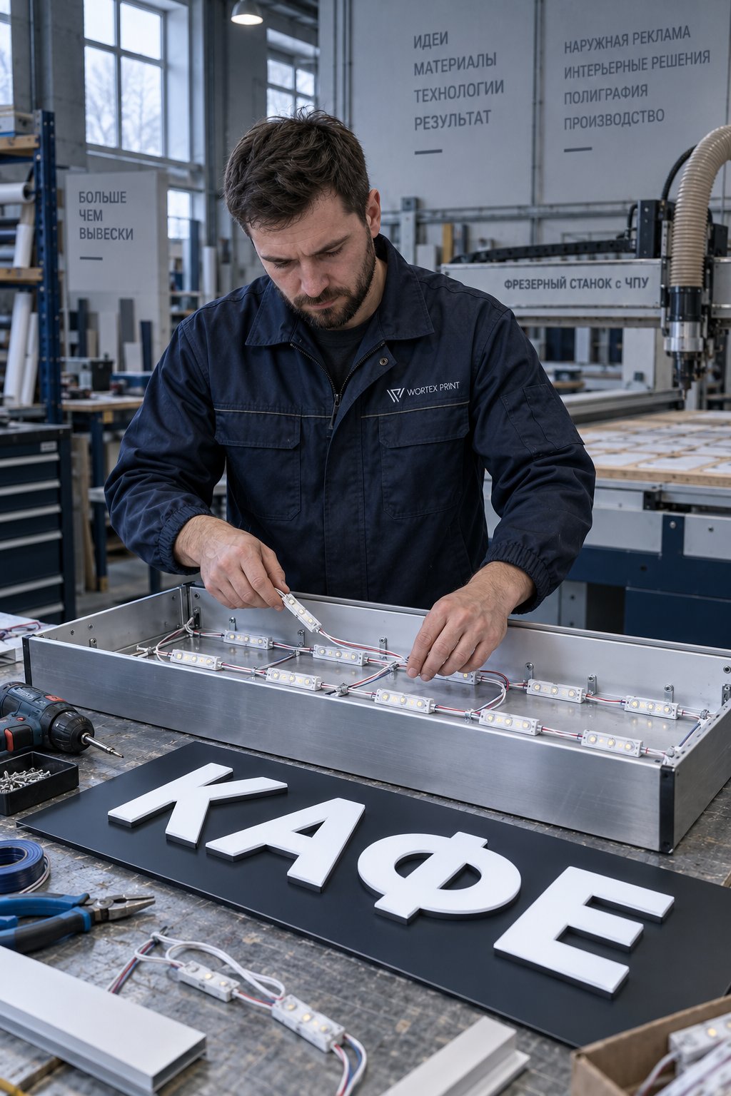 Сборка светового короба со светодиодными модулями в цехе Wortex Print